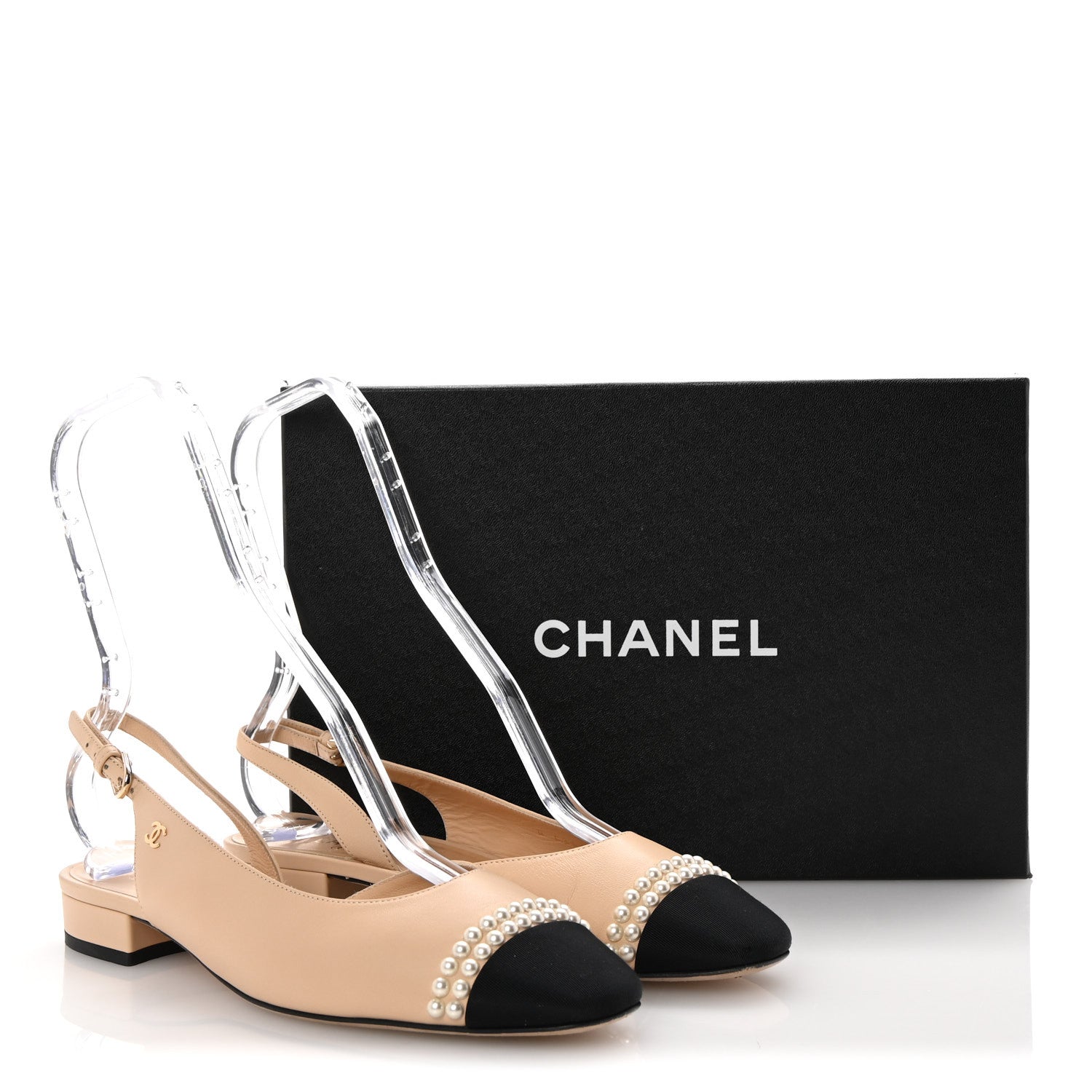 Chanel Lambskin Grosgrain Pearl Cap Toe CC Slingback Flats 39 Beige Black 10 of 10