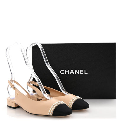Chanel Lambskin Grosgrain Pearl Cap Toe CC Slingback Flats 39 Beige Black 10 of 10