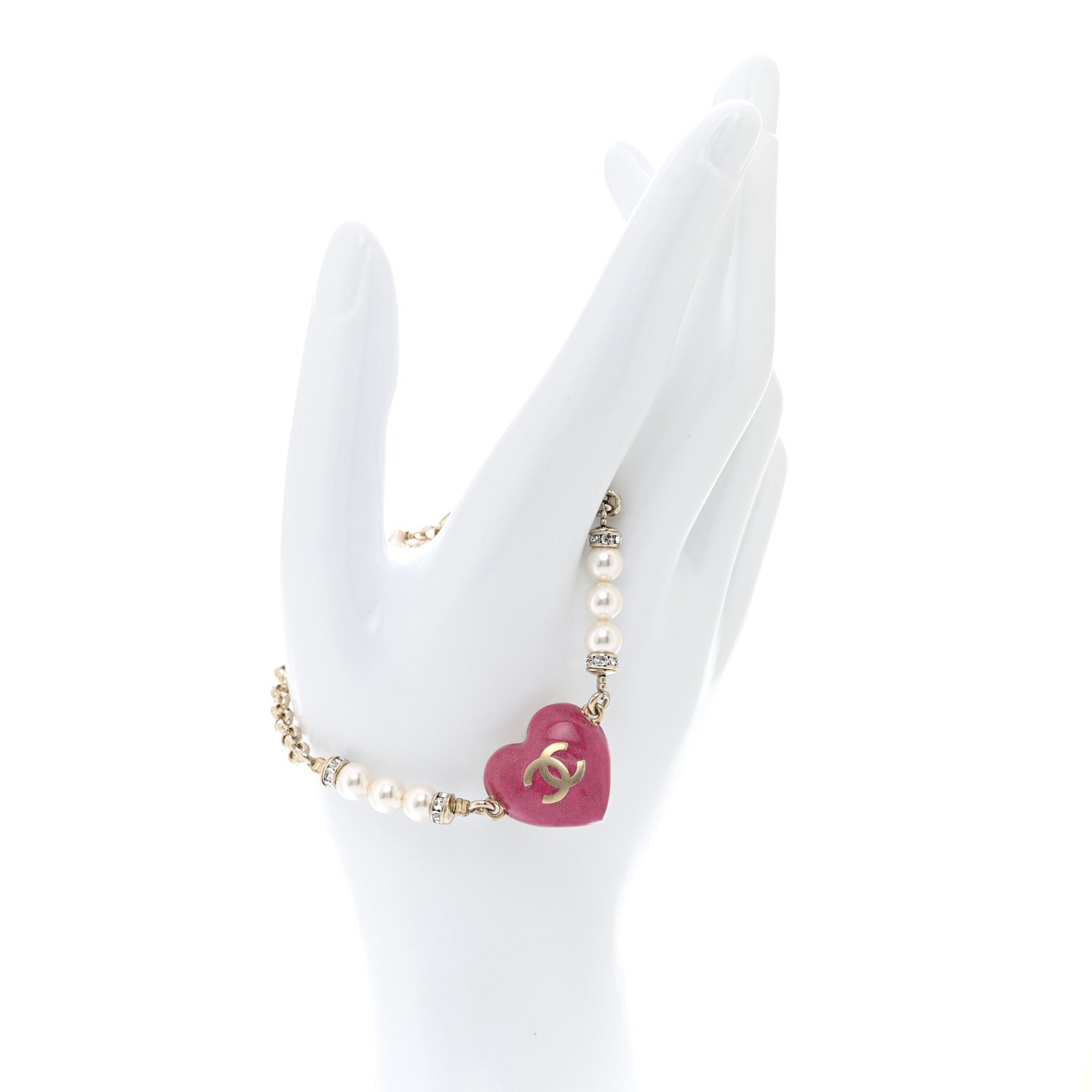Chanel Resin Crystal Pearl Chain Heart CC Bracelet Pink White Gold 2 of 5