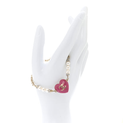 Chanel Resin Crystal Pearl Chain Heart CC Bracelet Pink White Gold 2 of 5