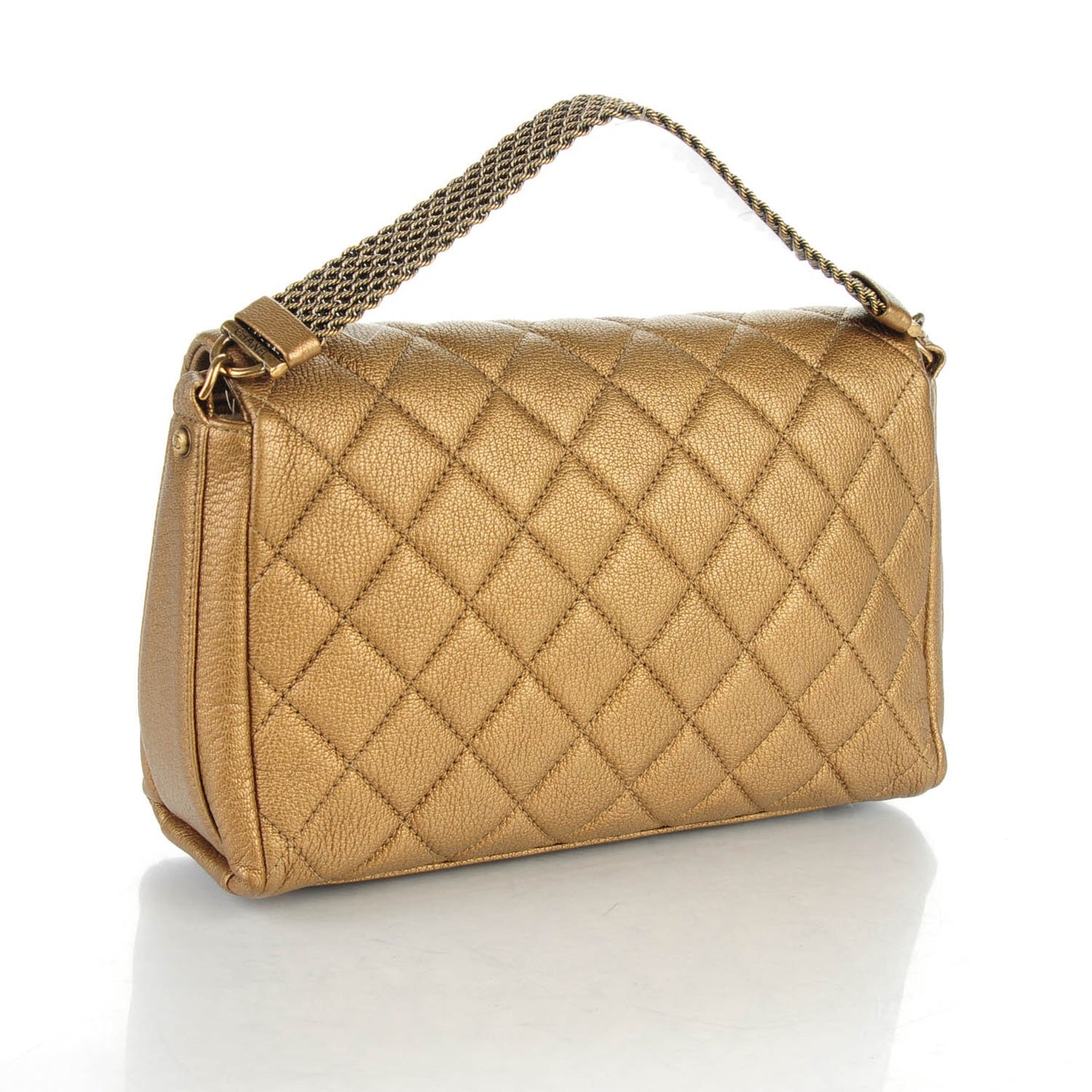 Metallic Goatskin Quilted Chain Handle Flap Dark Gold