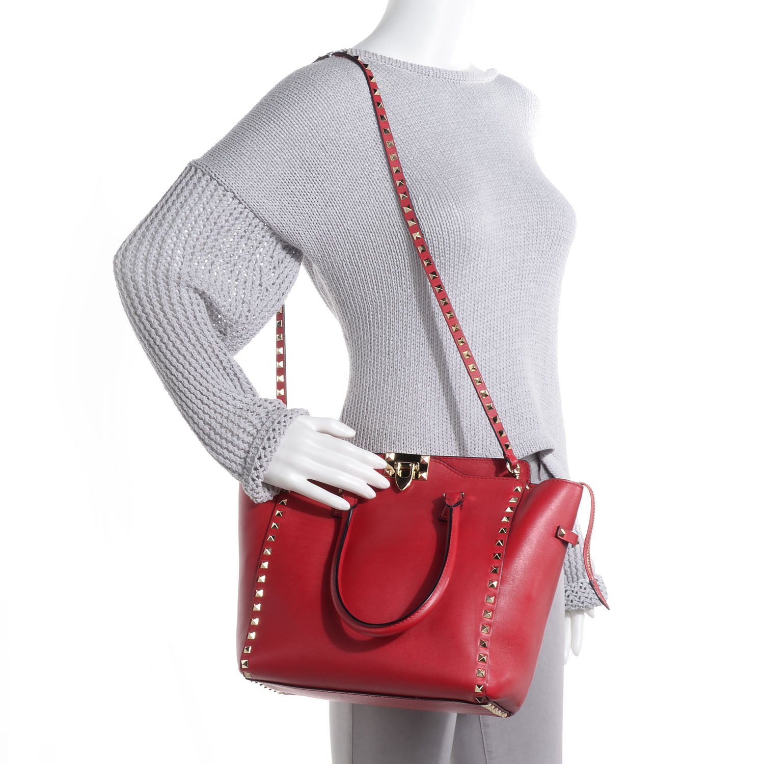 Valentino Garavani Vitello Rockstud Double Handle Tote Red 2 of 9