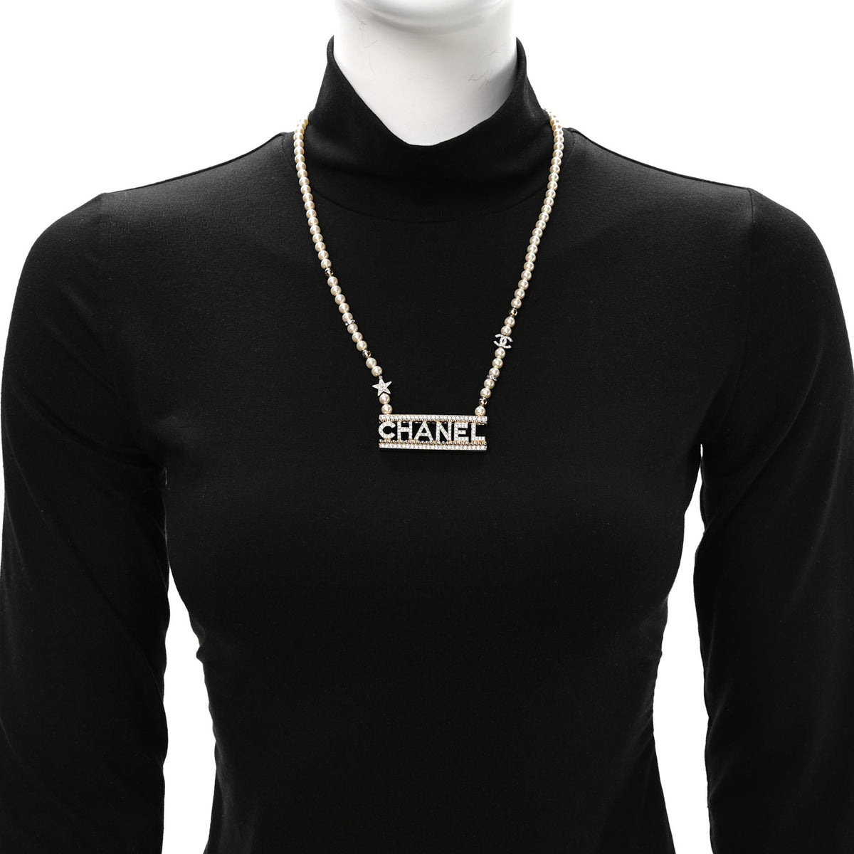 Chanel Crystal Pearl Star Logo Necklace Gold 2 of 5