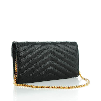 Saint Laurent Grain De Poudre Matelasse Chevron Small Monogram Chain Wallet Black 3 of 8