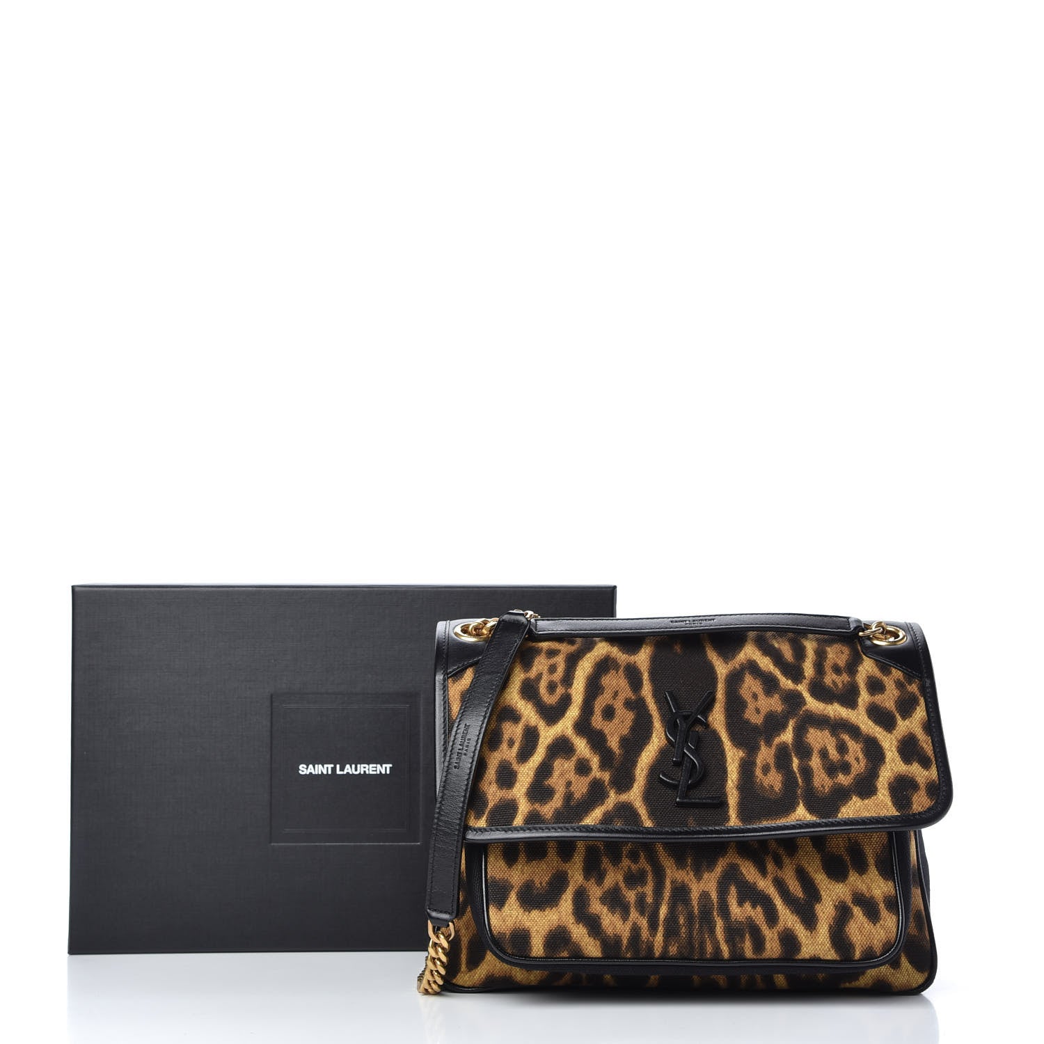 Saint Laurent Smooth Calfskin Canvas Leopard Print Medium Niki Chain Satchel Light Natural 11 of 11