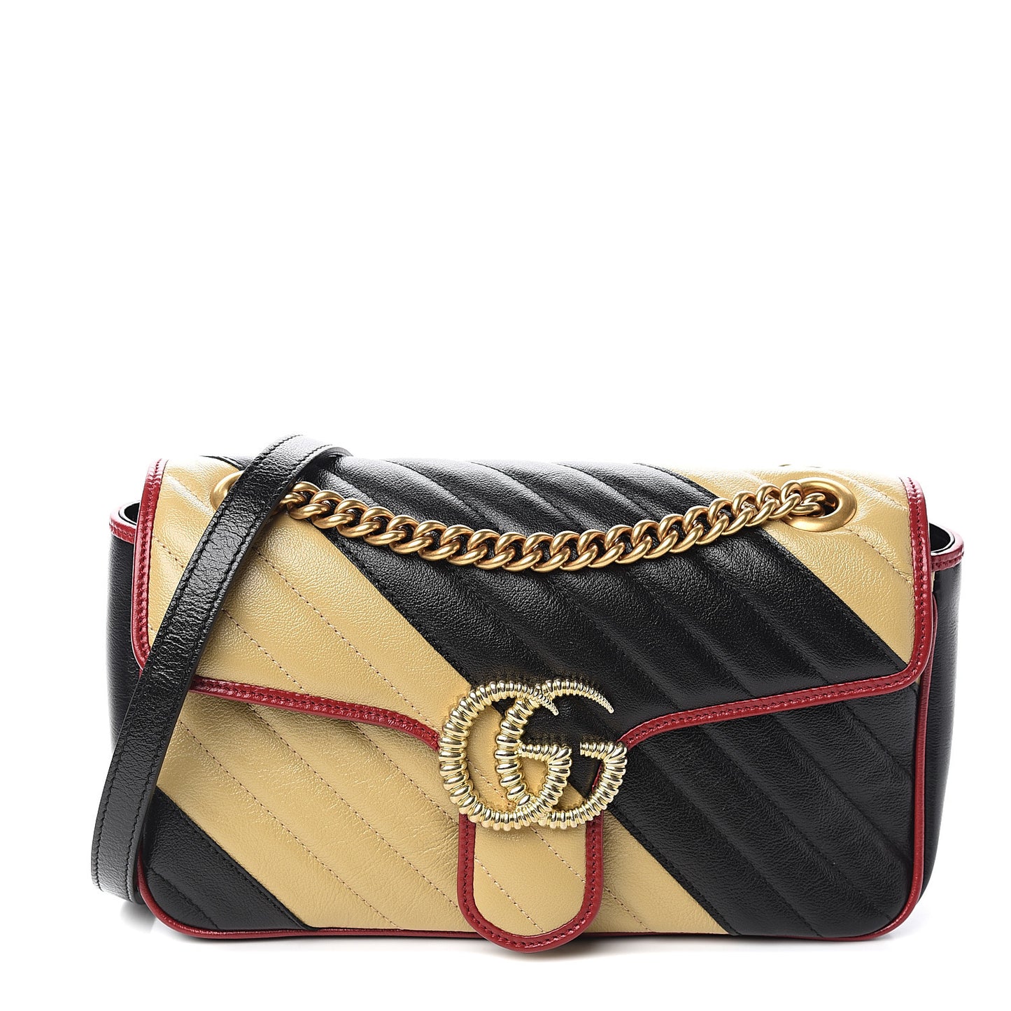 Vintage Effect Calfskin Matelasse Diagonal Striped Small Torchon GG Marmont Shoulder Bag Black Beige