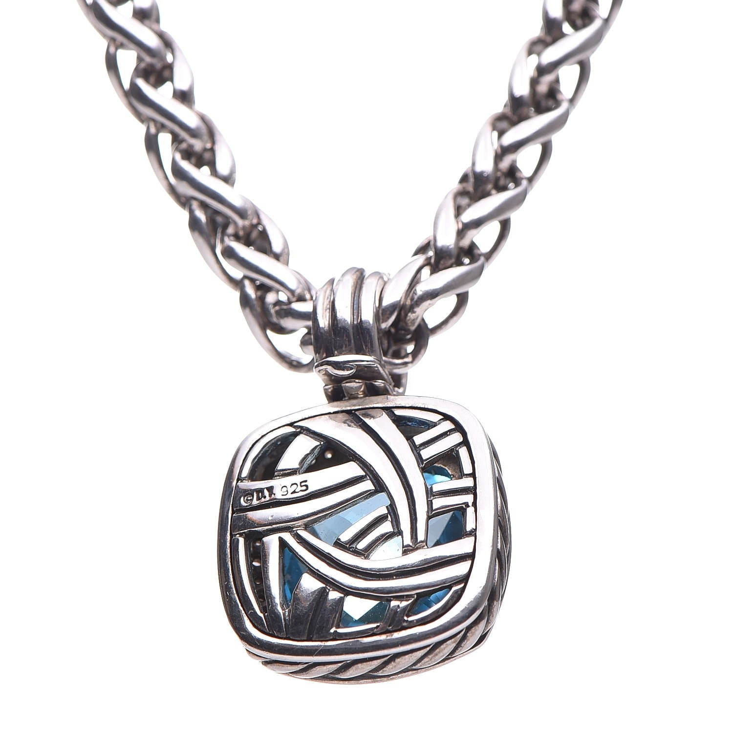 David Yurman Sterling Silver Diamond Blue Topaz 14mm Albion Enhancer Pendant Wheat Chain Necklace 6 of 6