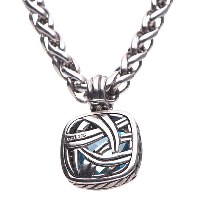 David Yurman Sterling Silver Diamond Blue Topaz 14mm Albion Enhancer Pendant Wheat Chain Necklace 6 of 6