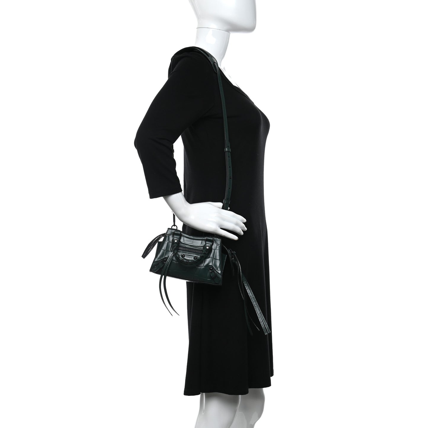 Semi Shiny Calfskin Crocodile Embossed Neo Classic Black Hardware Nano City Crossbody Forest Green