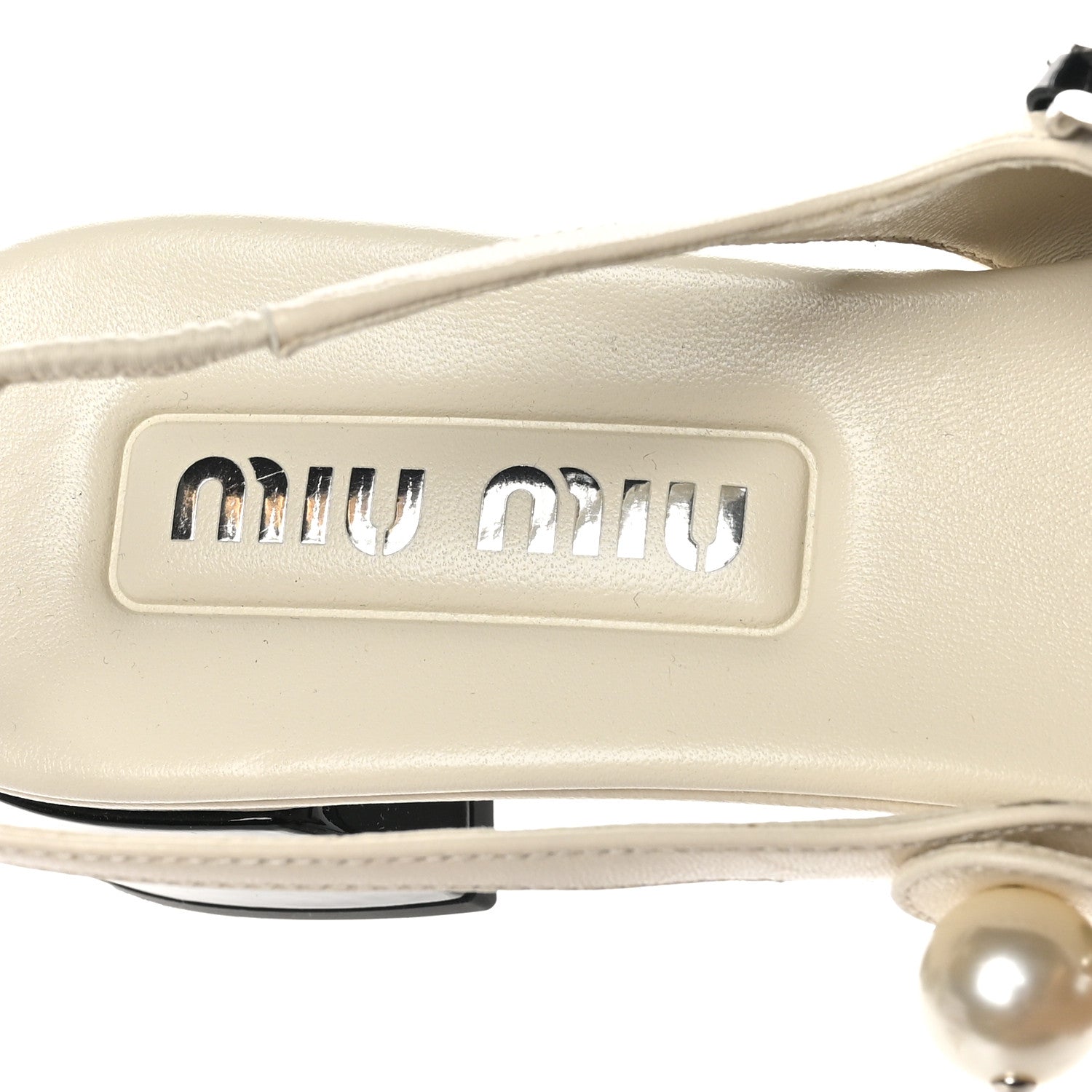 Miu Miu Patent Calfskin Chain Pearl Slingback Pumps 37.5 Ivory Black 7 of 10