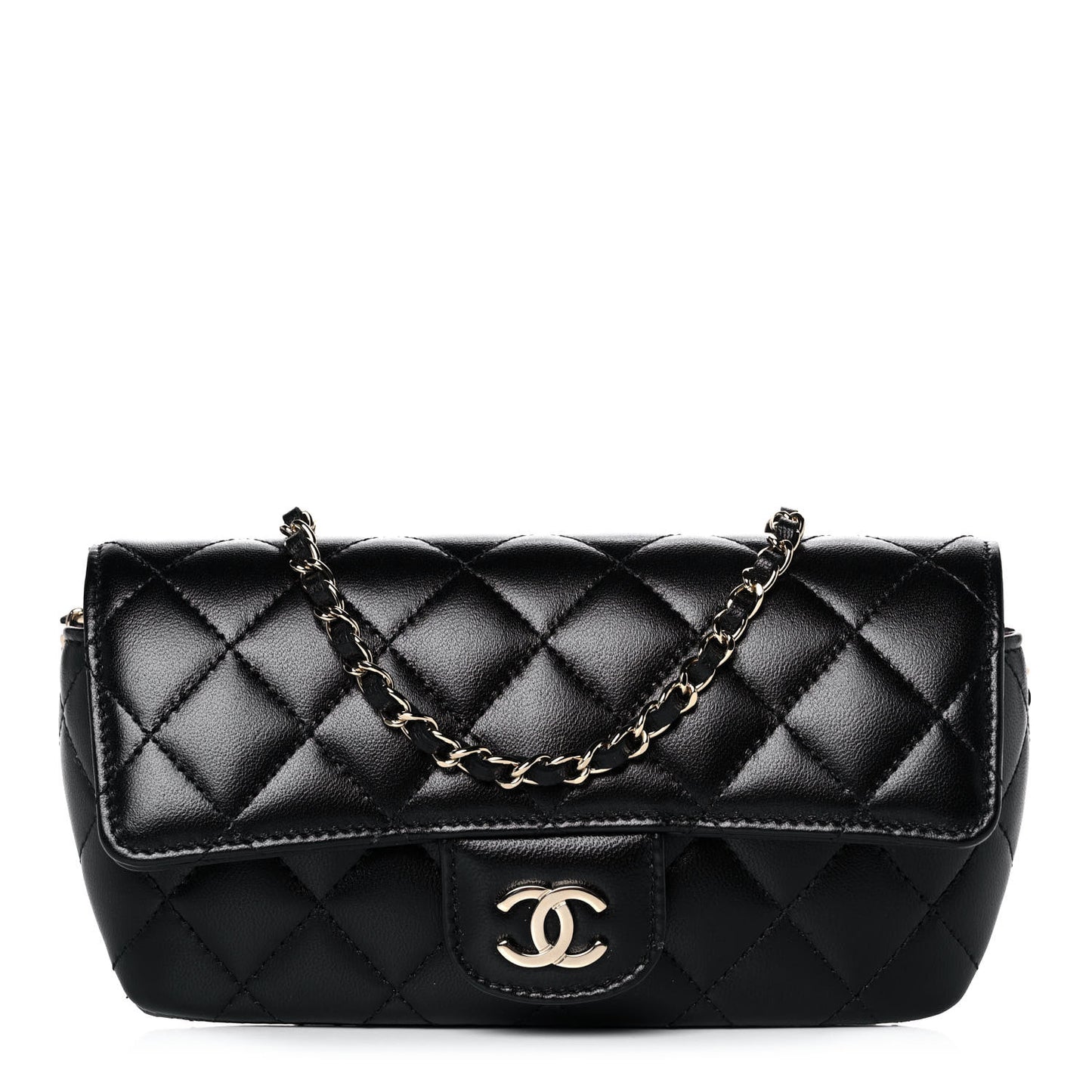 Lambskin Quilted Glasses Case With Chain Black