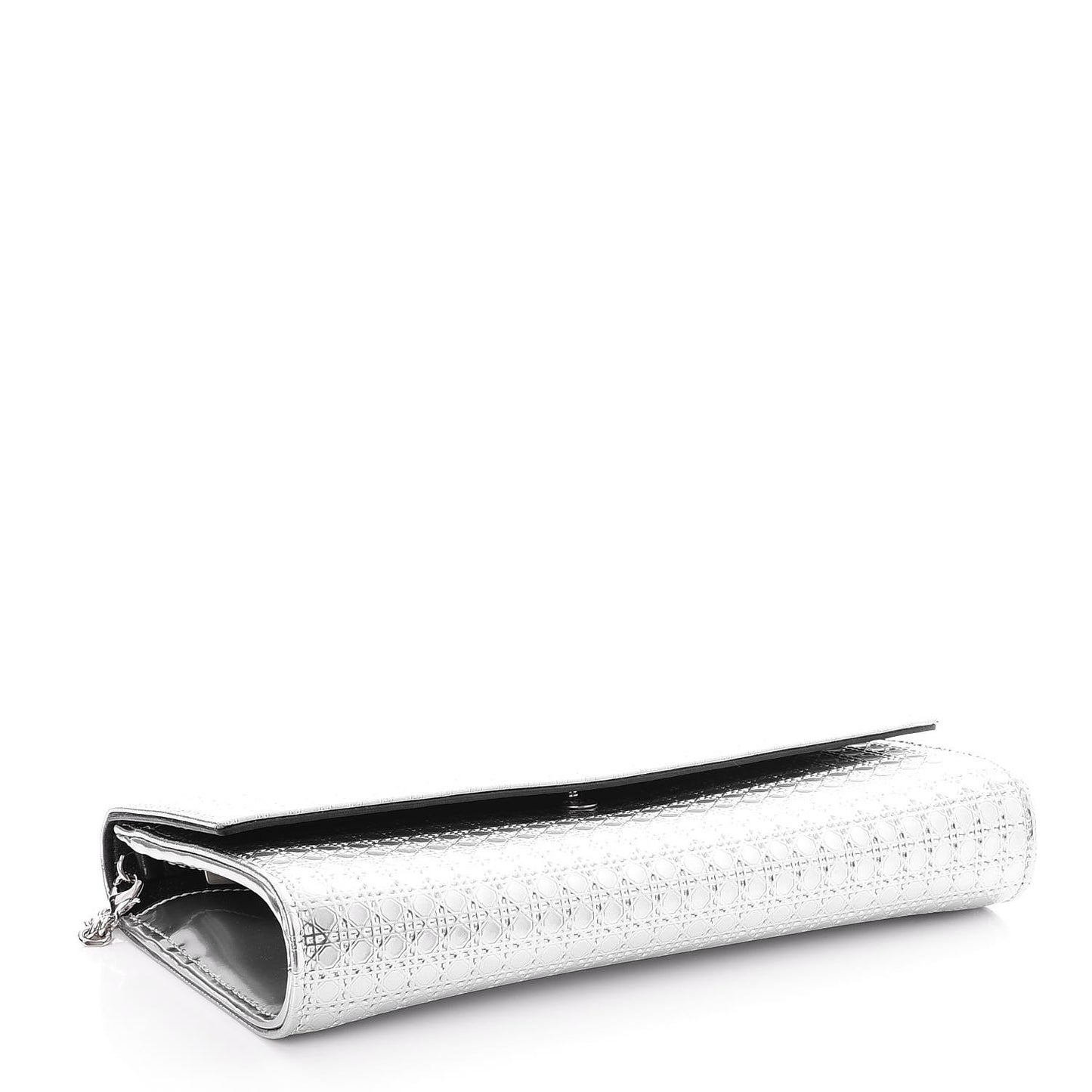 Metallic Patent Micro-Cannage Lady Dior Croisiere Chain Wallet Silver