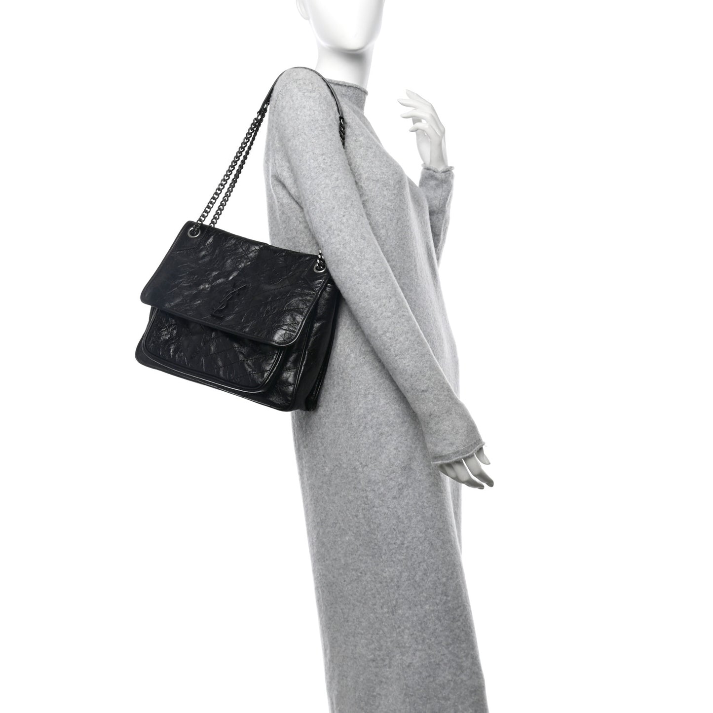 Crinkled Calfskin Matelasse Monogram Large Niki Chain Satchel Black