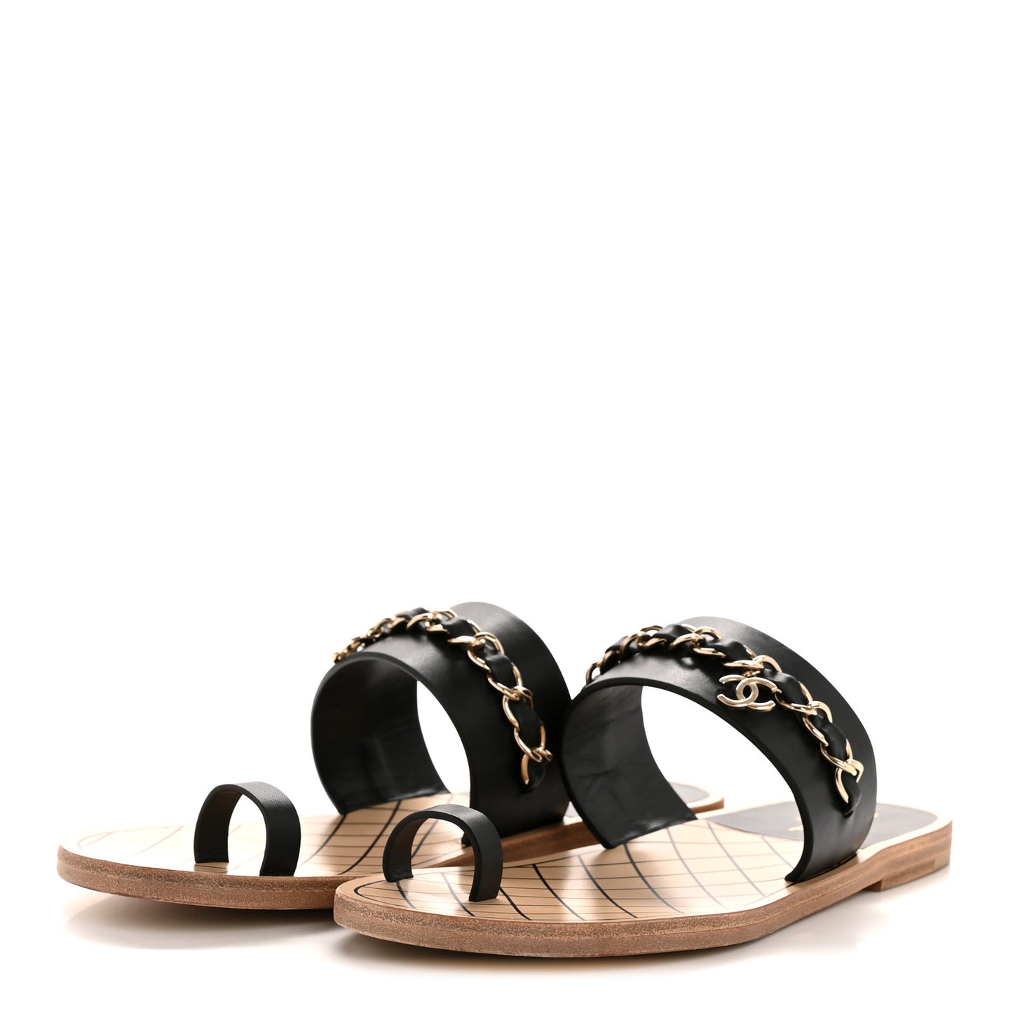 Calfskin Chain CC Logo Toe Ring Sandals 38.5 Black