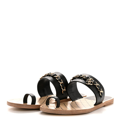 Chanel Calfskin Chain CC Logo Toe Ring Sandals 38.5 Black 4 of 9