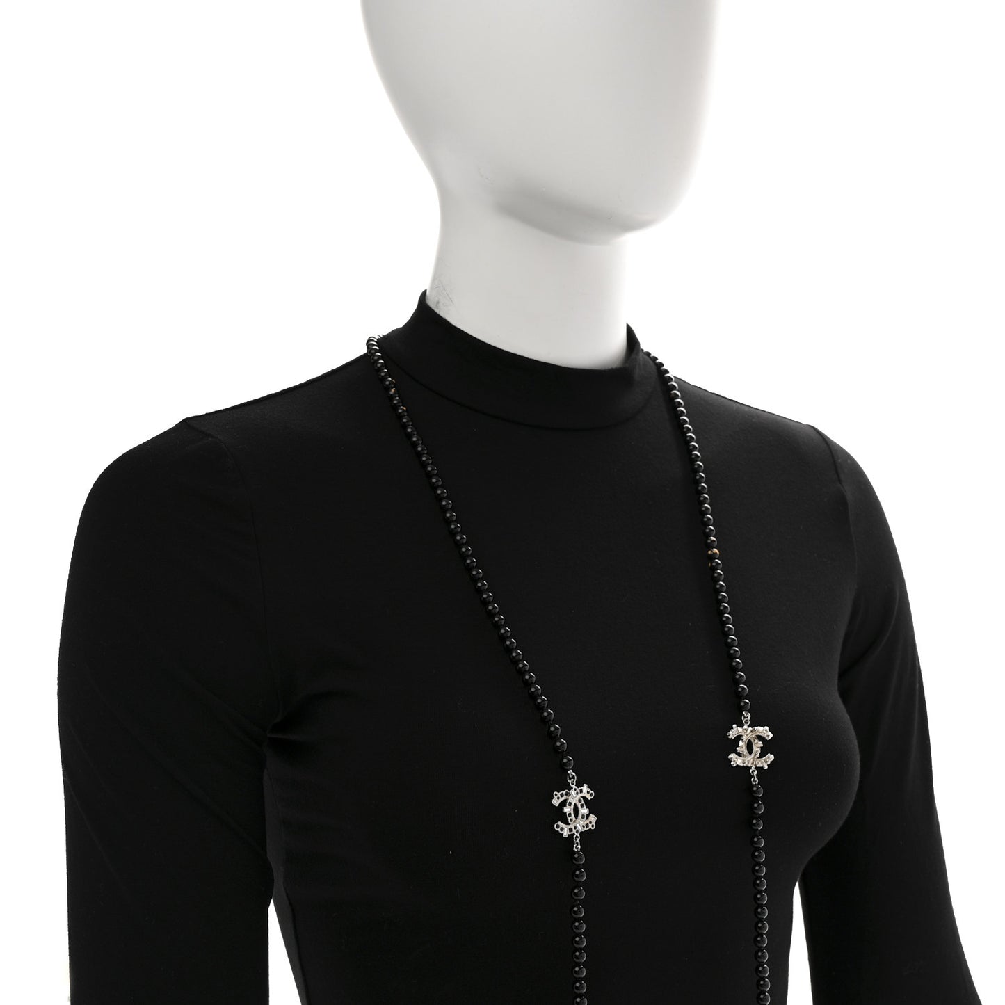 Metal Crystal Beaded CC Long Necklace Black Silver
