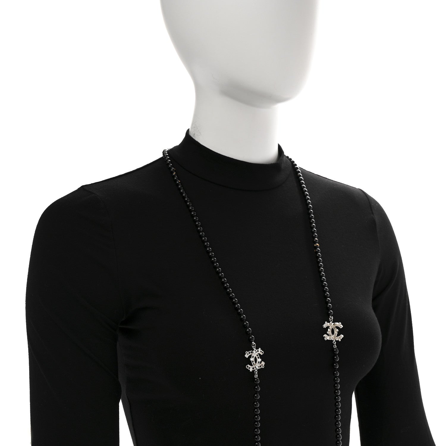 Chanel Metal Crystal Beaded CC Long Necklace Black Silver 2 of 7