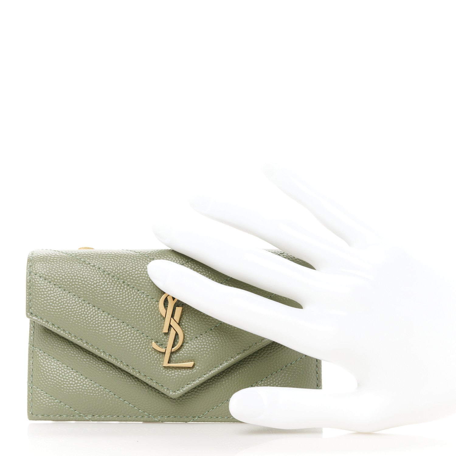 Saint Laurent Grain De Poudre Matelasse Chevron Monogram Compact Wallet Light Sage 2 of 7