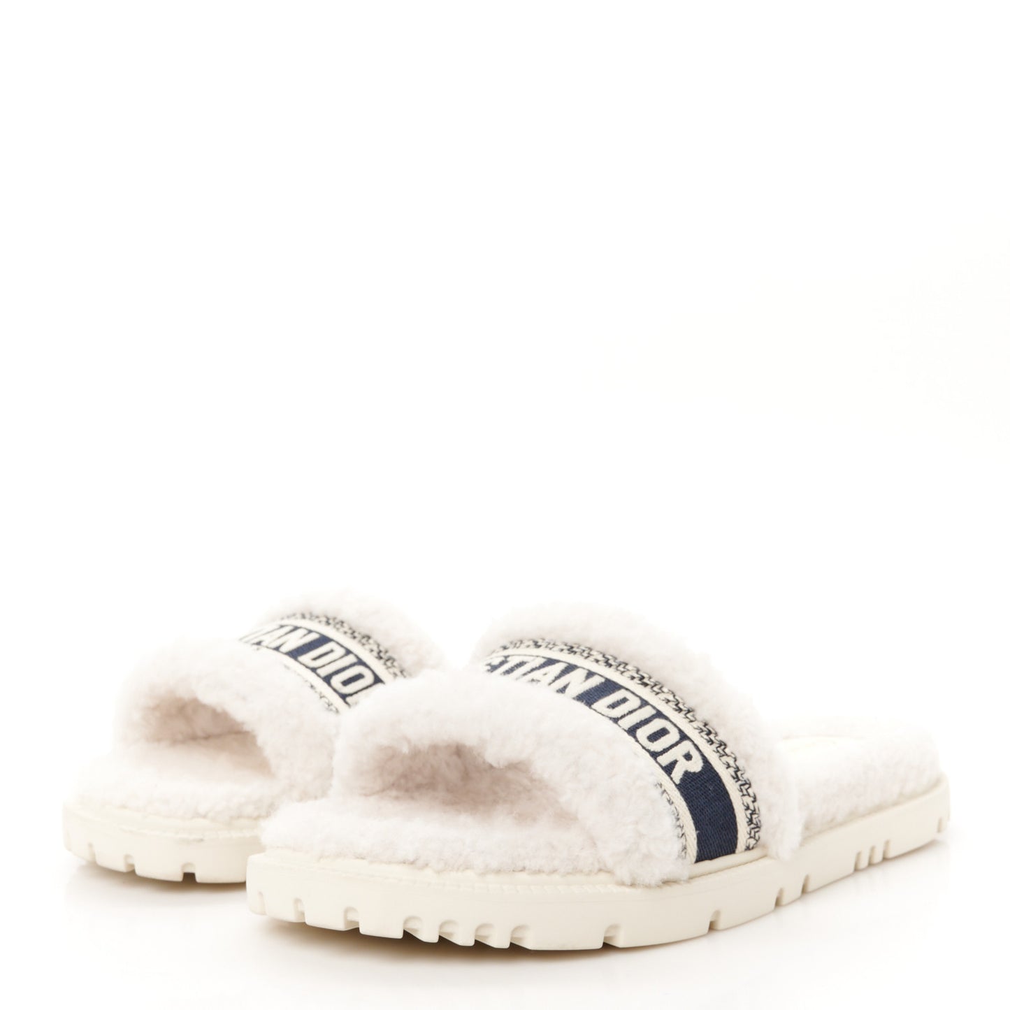 Shearling Canvas Embroidered Dway 10mm Slide Sandals 39.5 Natural Deep Blue