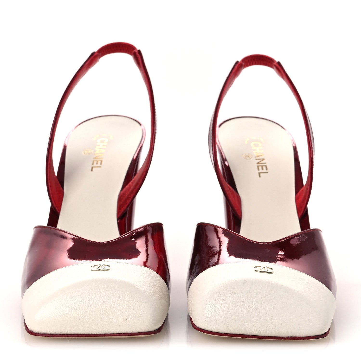 Chanel Laminated Calfskin Lambskin Cap Toe CC Slingback Pumps 40 Red Ivory 3 of 12