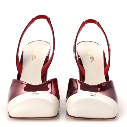 Chanel Laminated Calfskin Lambskin Cap Toe CC Slingback Pumps 40 Red Ivory 3 of 12