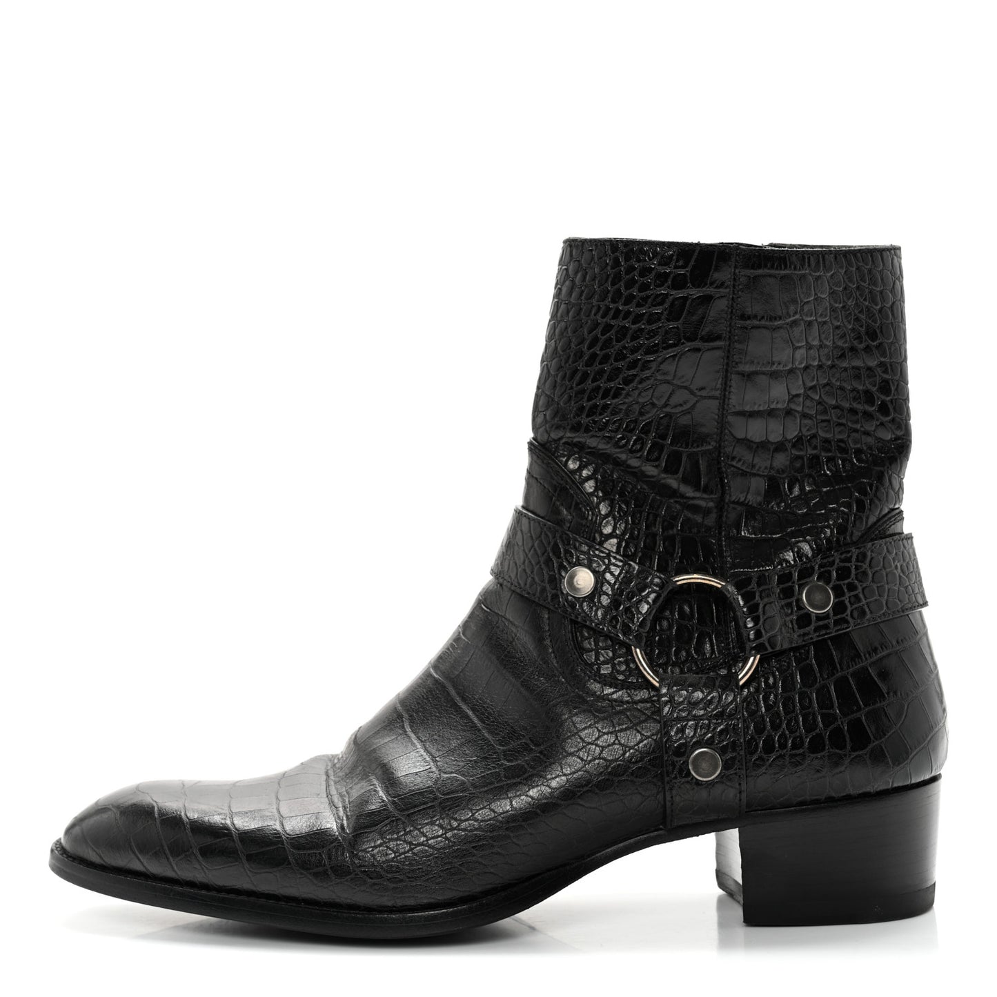 Calfskin Crocodile Embossed Mens Wyatt Harness Boots 44 Black