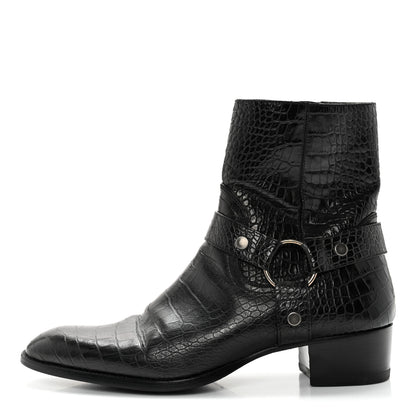 Saint Laurent Calfskin Crocodile Embossed Mens Wyatt Harness Boots 44 Black 1 of 11