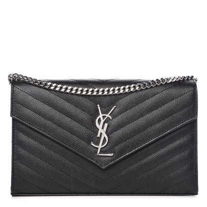 Saint Laurent Grain De Poudre Matelasse Chevron Monogram Chain Wallet Black 1 of 10