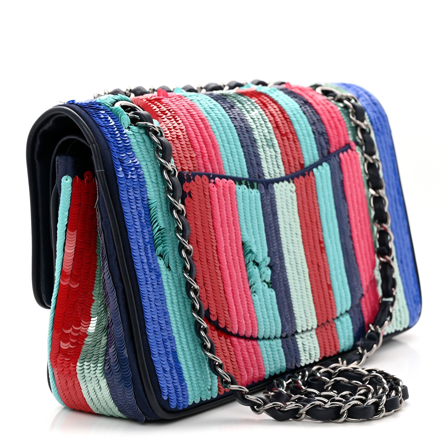 Chanel Sequin Lambskin Striped Medium Double Flap Blue Green Pink Red 3 of 12