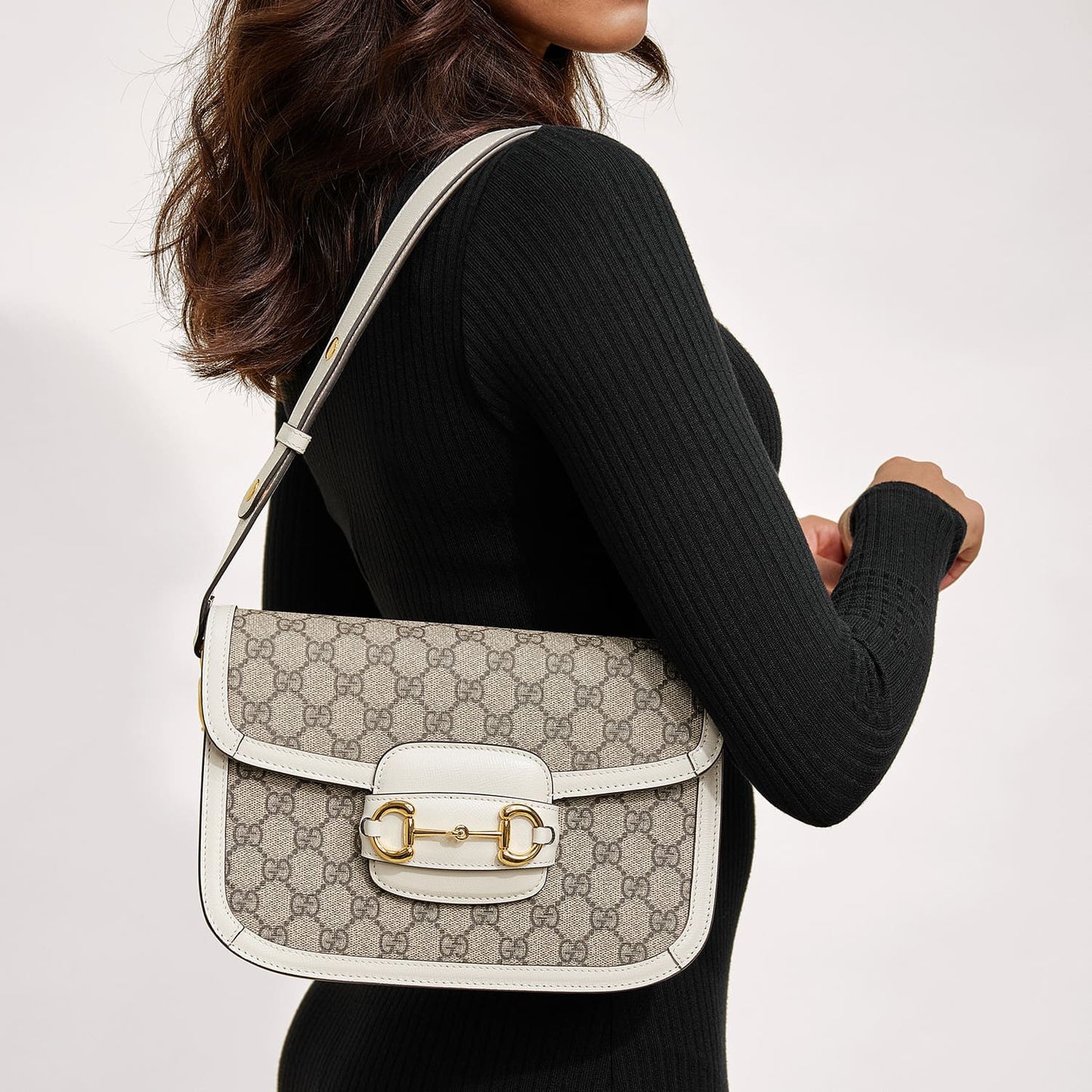 GG Supreme Monogram Horsebit 1955 Shoulder Bag Beige Mystic White
