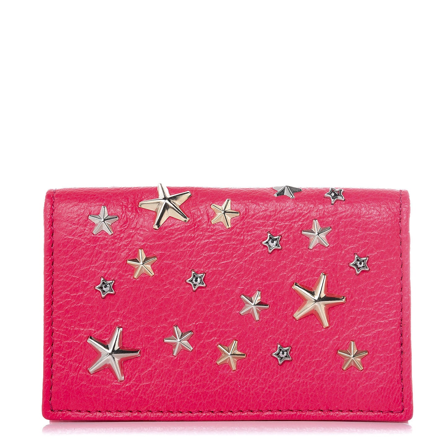 Fluorescent Calfskin Star Studded Nello Card Holder Shocking Pink