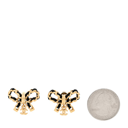 Chanel Lambskin Chain Bow Stud Earrings Black Gold 2 of 8