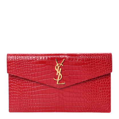 Saint Laurent Calfskin Crocodile Embossed Uptown Monogram Clutch Rouge Eros 1 of 4