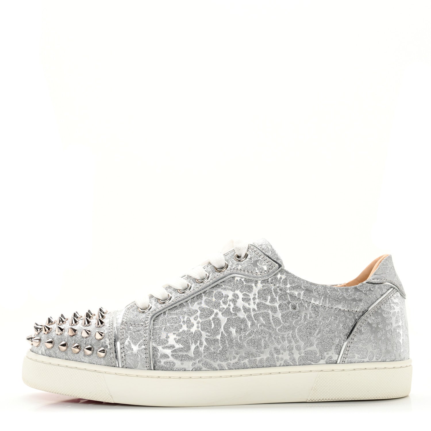 Christian Louboutin Glitter Metallic Calfskin Spikes Vieira 2 Flat Sneakers 37.5 Silver 1 of 13