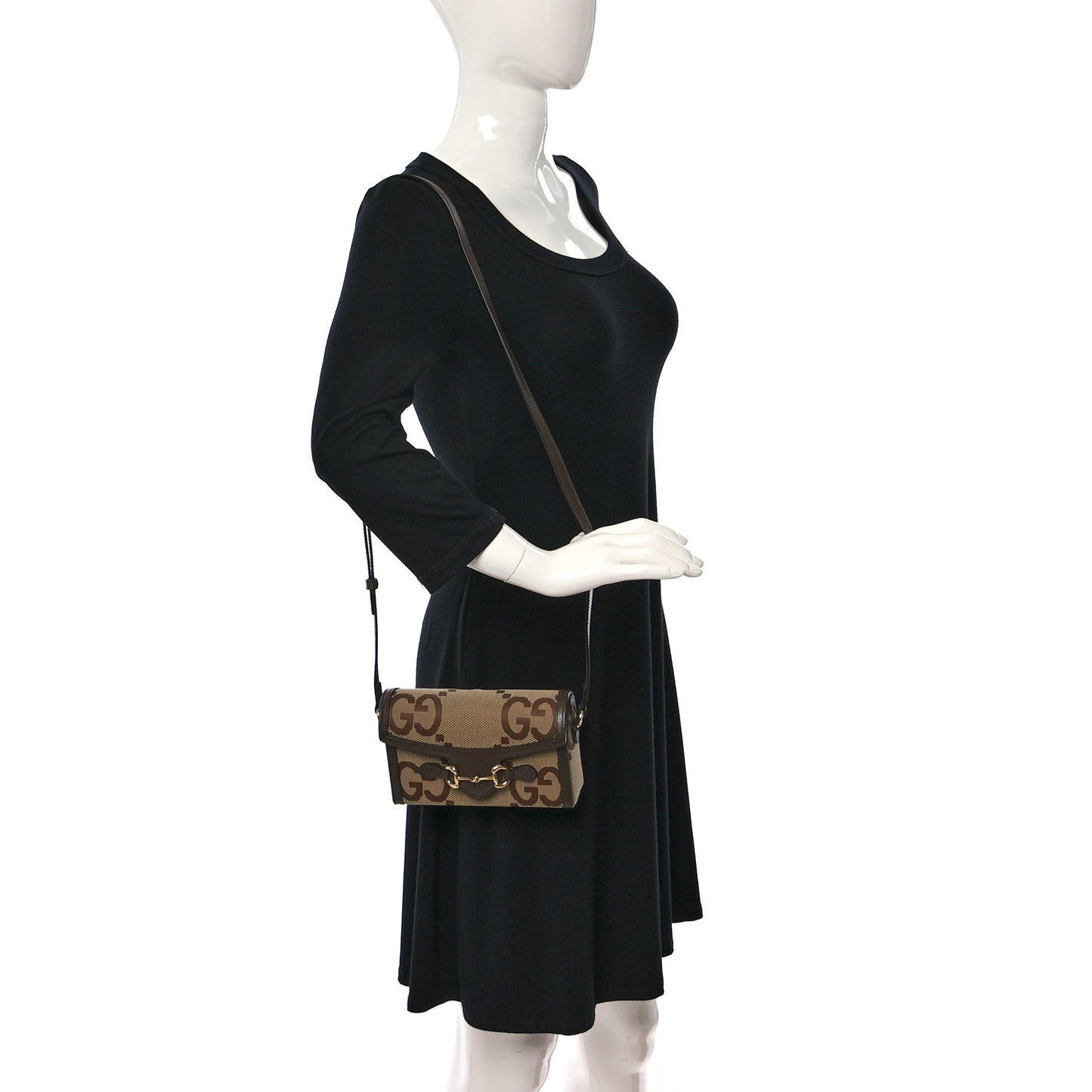 Monogram Jumbo GG Textured Dollar Calfskin Mini Horsebit 1955 Shoulder Bag Camel Ebony New Acero