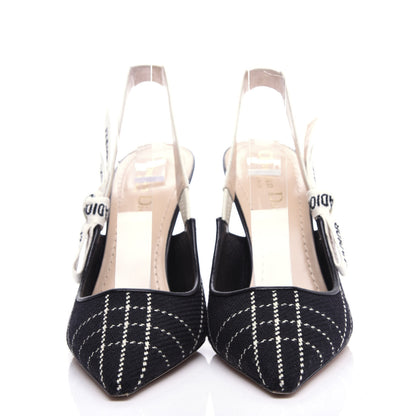 Christian Dior Fabric Ribbon Tartan Plaid J'Adoir Slingback 100mm Pumps 37.5 Black White 2 of 11