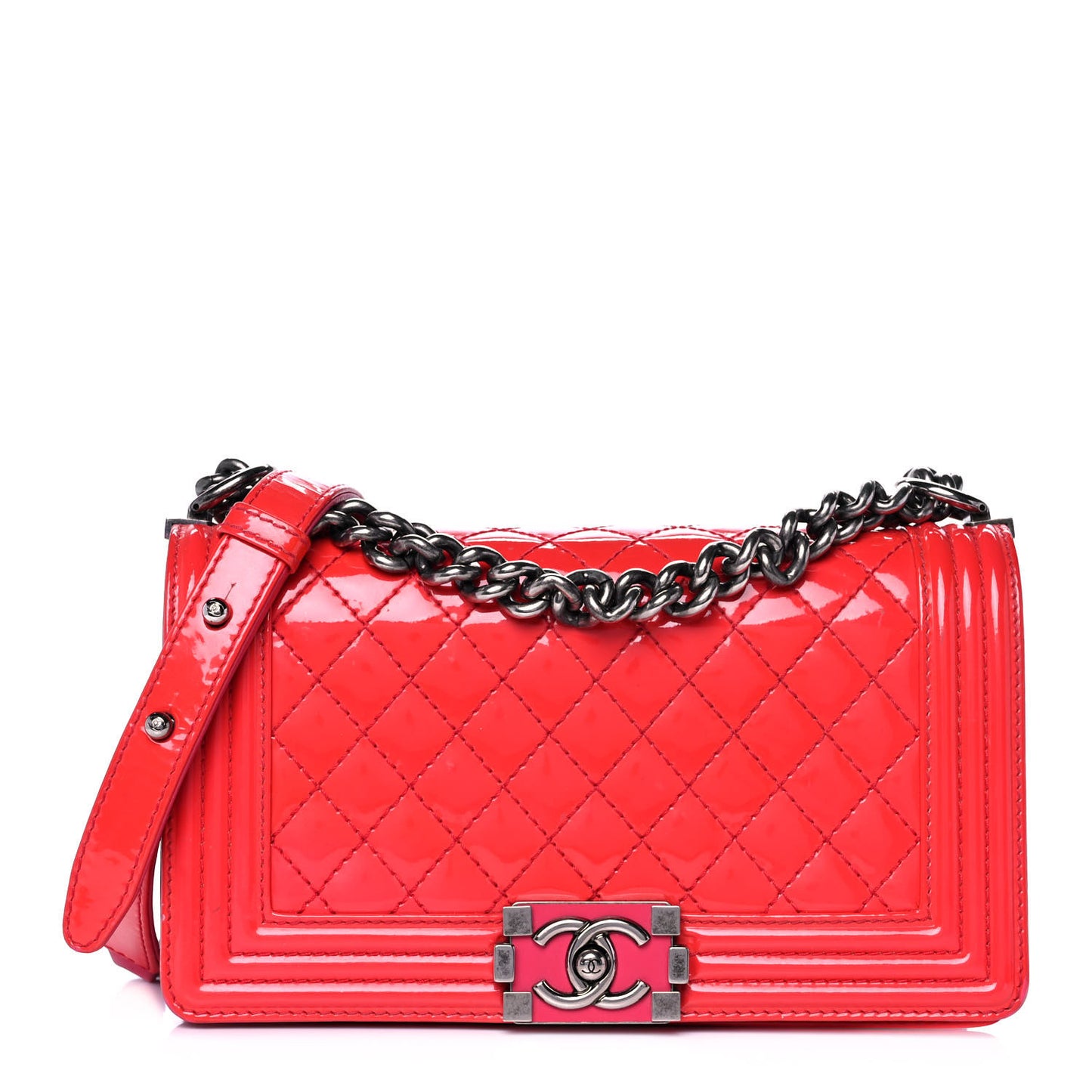 Patent Calfskin Enamel Quilted Medium Boy Flap Dark Pink