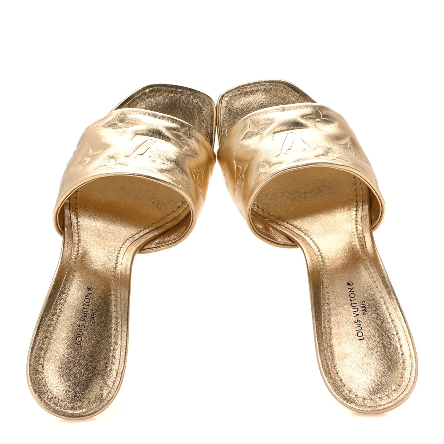 Metallic Lambskin Embossed Monogram Revival High Heel Mules 36.5  Gold