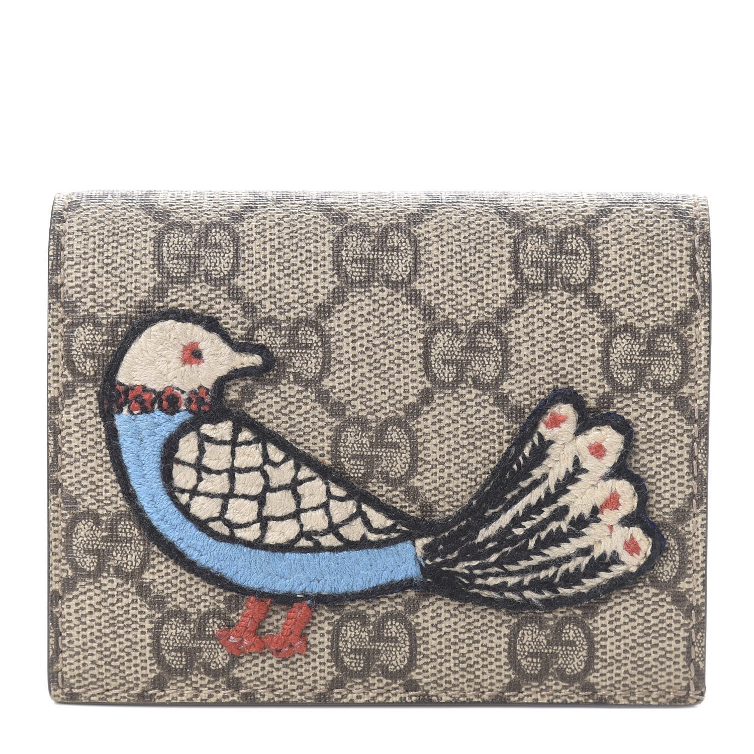 Gucci GG Supreme Monogram Bird Embroidered Card Case Beige 1 of 7