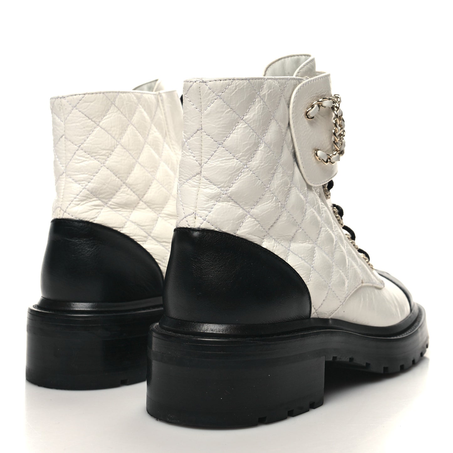 Shiny Goatskin Calfskin Quilted Lace Up Combat Boots 38.5 White Black