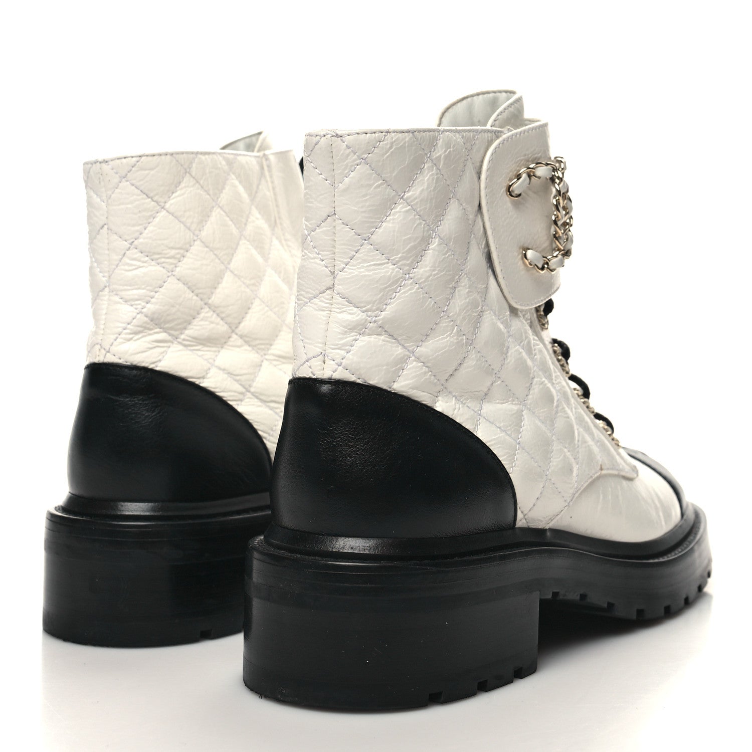 Chanel Shiny Goatskin Calfskin Quilted Lace Up Combat Boots 38.5 White Black 4 of 9