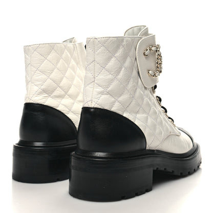 Chanel Shiny Goatskin Calfskin Quilted Lace Up Combat Boots 38.5 White Black 4 of 9
