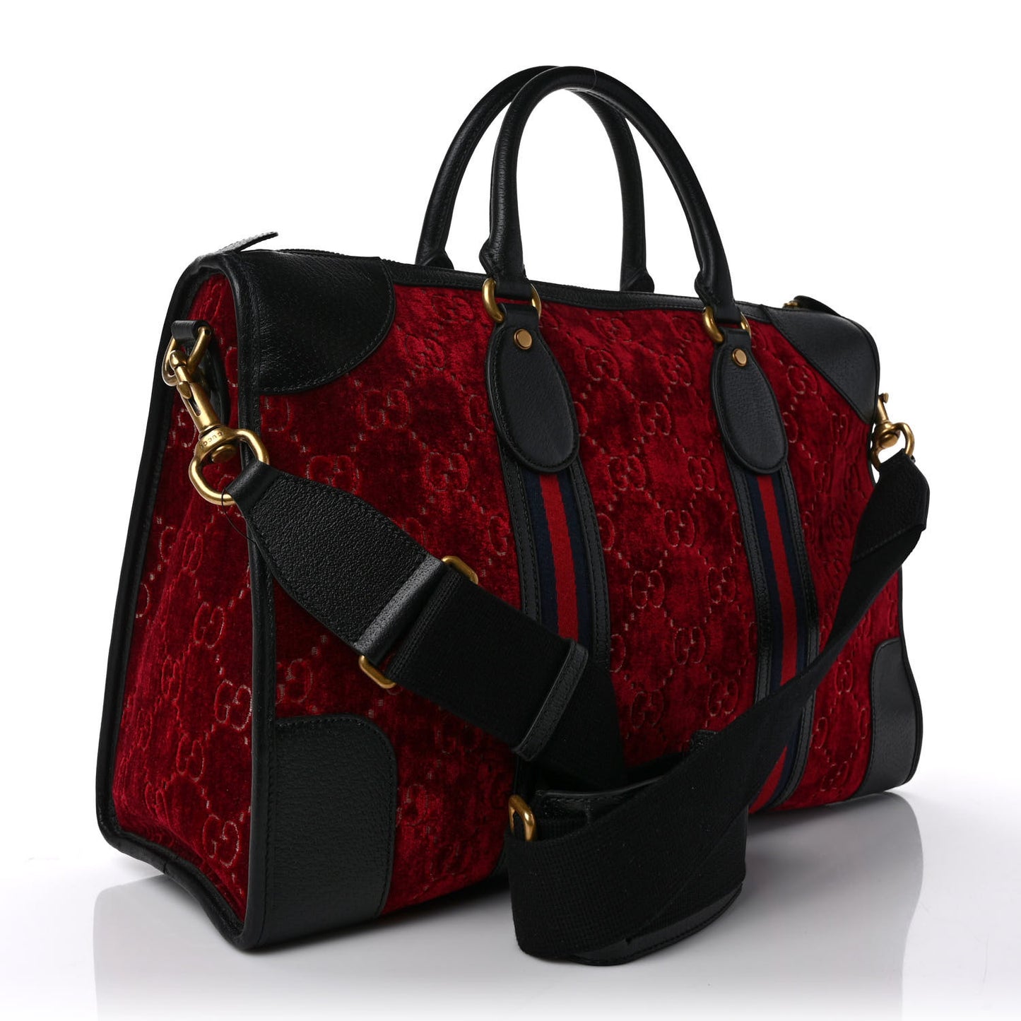 Velvet GG Monogram Textured Calfskin Web Medium Duffle Bag Red Cipria Black
