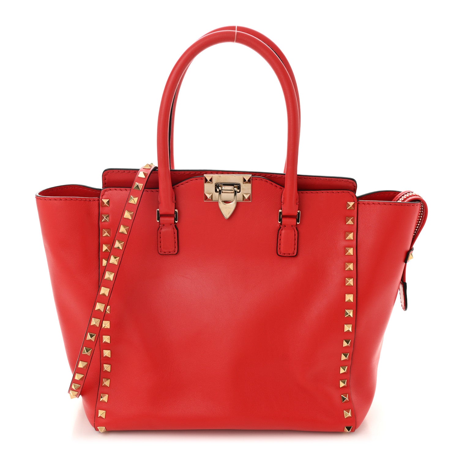 Valentino Garavani Vitello Rockstud Double Handle Tote Deep Orange 1 of 10