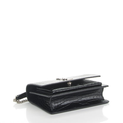 Saint Laurent Calfskin Crocodile Embossed Monogram Sunset Chain Wallet Black 4 of 7