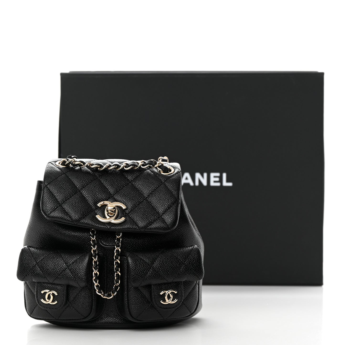 Shiny Caviar Quilted Small Duma Pockets Drawstring Backpack Black