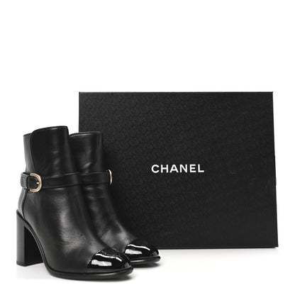 Chanel Calfskin Patent Cap Toe Interlocking CC Ankle Boots 37 Black 9 of 9