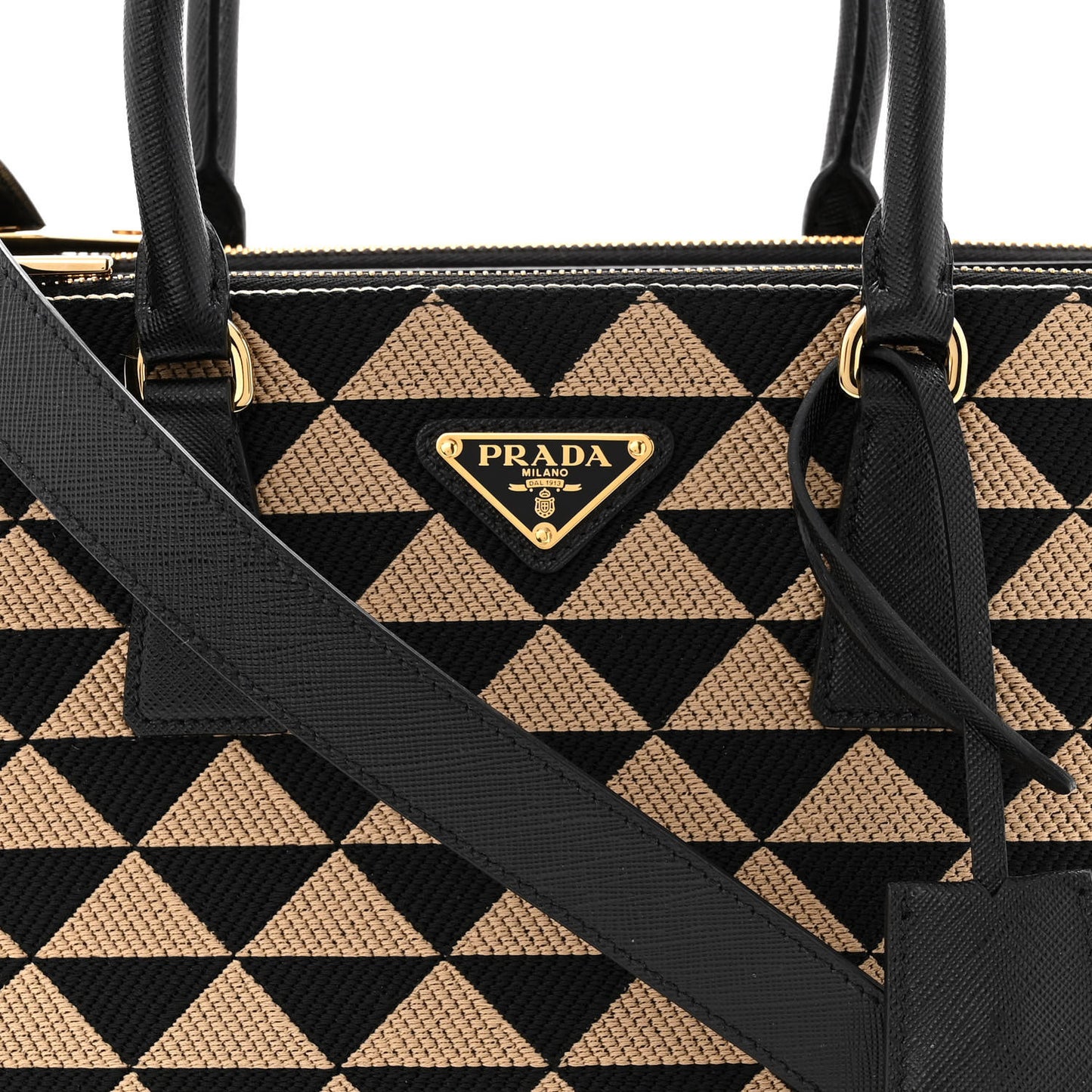 Jacquard Saffiano Triangolo Symbole Embroidered Small Galleria Double Zip Tote Black Corda