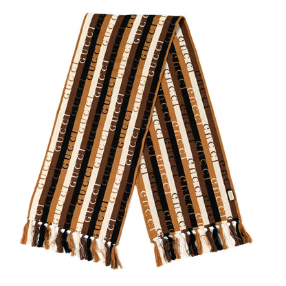 Gucci Wool Cotton Logo Wood Stripes Scarf Light Brown Dark Brown 2 of 4