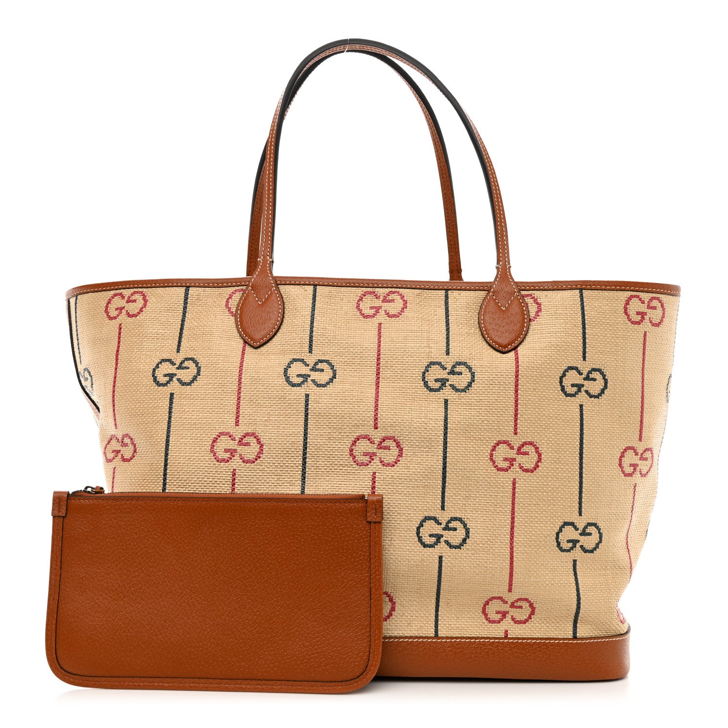 Gucci Straw Jacquard Dollar Calfskin GG Monogram Large Shopping Tote Natural Multicolor 3 of 13